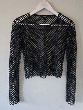 Forever 21 L Y2K Indie Sleeze Punk Goth Coachella Rave Black Fishnet Crop Top